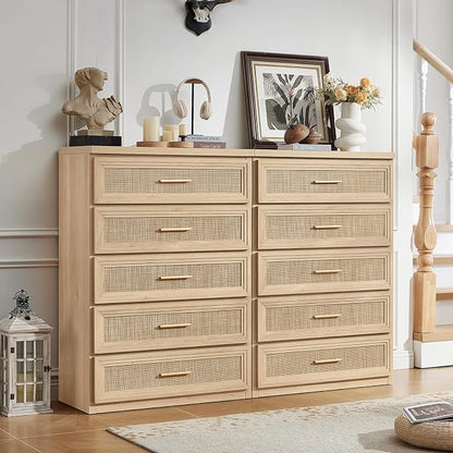 RWYHG Rattan Dresser Set for Bedroom with 5 Drawers 45" Tall Wood Closet Organizer with Metal Handle Furniture for Living Room Hallway Natural