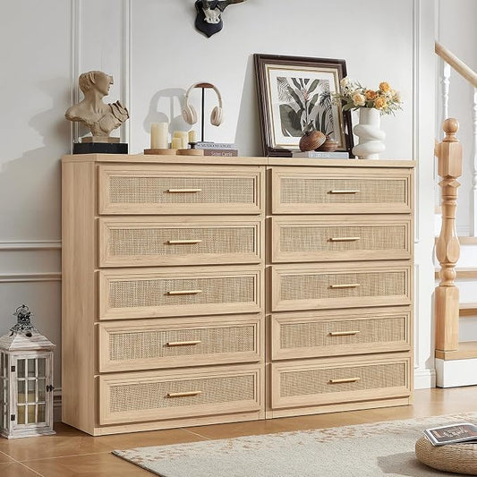 RWYHG Rattan Dresser Set for Bedroom with 5 Drawers 45" Tall Wood Closet Organizer with Metal Handle Furniture for Living Room Hallway Natural