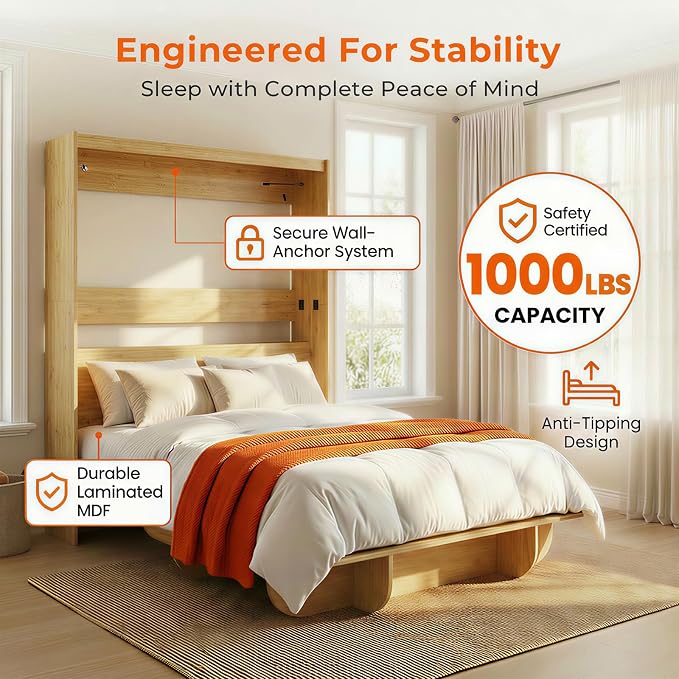 CECER Vertical Murphy Bed Queen，Save Space for Offices/Guest-Natural Wood | Multi-Functional Queen Murphy Cabinet Beds with Storage Shelf/Bookshelf，Sturdy frame ＆ Easy Assemble