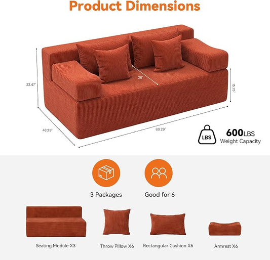 MONVANE 3-Piece Boneless Loveseat Couch Set for Living Room, Oversized Modular Sectional Sofa Set with Removable Armrests, Comfy Corduroy Cloud Couch with 12 Pillows, No Assembly Required, Terracotta