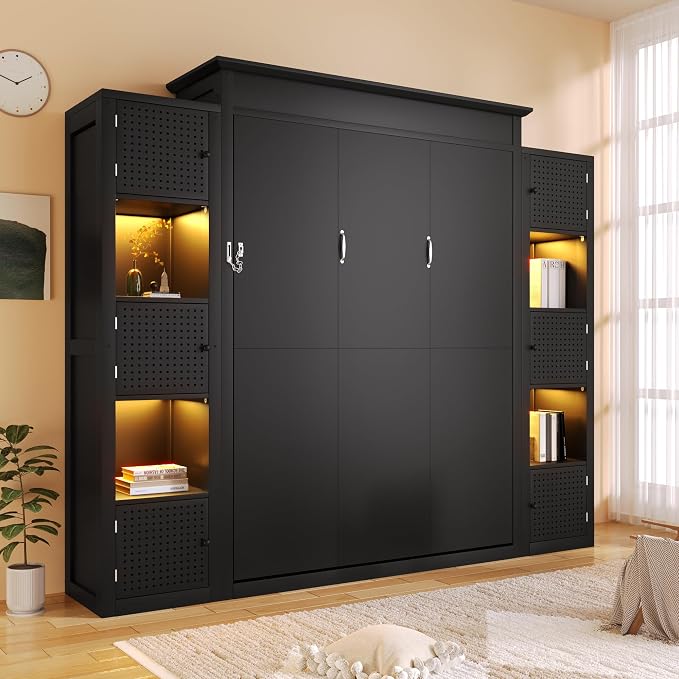 MERITLINE Queen Murphy Bed with Storage Bookcase Shelves and LED Light, Solid Wood Murphy Wall Beds with Storage Cabinet Shelves,for Adults,Space-Saving for Office,Bedroom,Guest Room