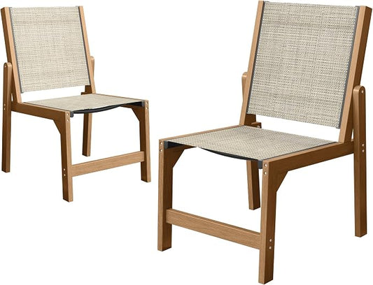 Patio Stackable Chairs Set of 2, HDPE Armless Outdoor Dining Chairs with Wide Seat, All-Weather Textilene Oversized Porch Chair for Garden, Poolside, Backyard, Deck | Teak