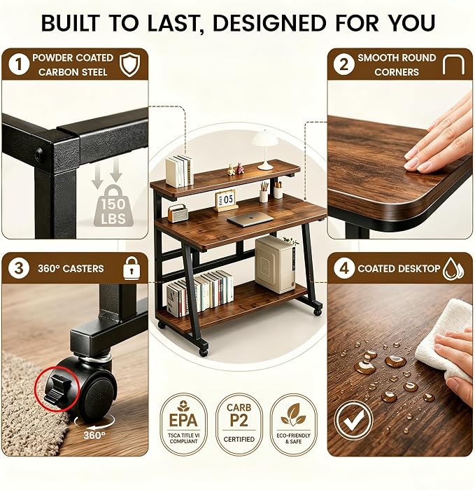 39.4 Inch Compact Rolling Computer Desk with Tier Worktable & Lockable Wheels, Small Computer Desk, Small Desk for Bedroom, Mobile Writing Workstation Easy Assembly for Home Office Small Spaces