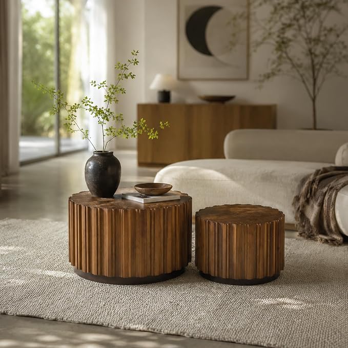 Nesting Round Coffee Table Set of 2, 27.56" Fluted Circle Accent End Table, Morden Drum Side Table, Wooden Center Table for Living Room, Fully Assembled - Walnut Brown