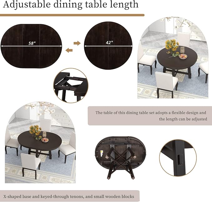 LUMISOL 42"-58" Extendable Round Dining Table for 4-8, Farmhouse Oval Kitchen Table with Removable Leaf, Solid Wood Dinner Tables for Kitchen, Dining Room, Small Space, Espresso