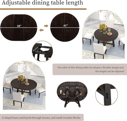 LUMISOL 42"-58" Extendable Round Dining Table for 4-8, Farmhouse Oval Kitchen Table with Removable Leaf, Solid Wood Dinner Tables for Kitchen, Dining Room, Small Space, Espresso