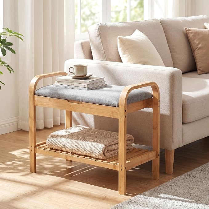 Giantex Small Entryway Bench with Storage, 2-Tier Bamboo Shoe Rack Bench with Flip Top Storage Space and Padded Cushion, Shoe Organizer for Entryway, Living Room, Hallway, Bedroom,Natural