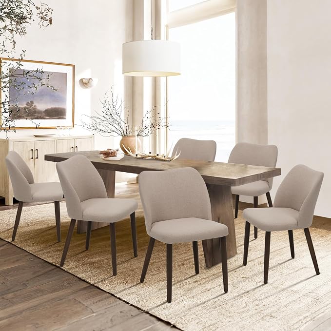 COLAMY Upholstered Dining Chairs Set of 6, Modern Fabric Dining Room Kitchen Side Chair with Padded Seat and Wood Legs for Restaurant/Cafe, Camel