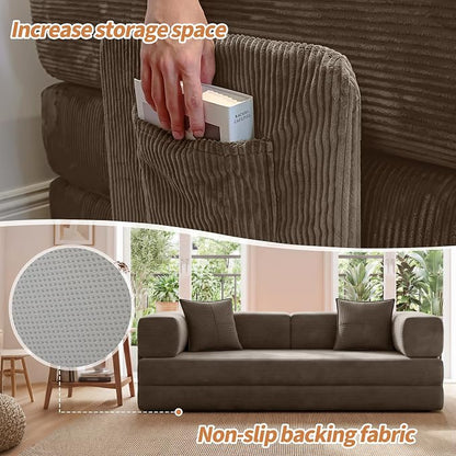 78.8" Convertible Sofa Bed with Armrest Pillow, 4-in-1 Sleeper Couch Bed for Livingroom, Modular Corduroy Boneless couches, No Assembly (Brown)