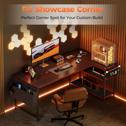 Mericonia Small L Shaped Computer Desk with Power Outlets, Reversible Gaming Desk with Storage Shelves, Corner Gamer Desk Table, Study Writing Table