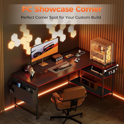 Mericonia Small L Shaped Computer Desk with Power Outlets, Reversible Gaming Desk with Storage Shelves, Corner Gamer Desk Table, Study Writing Table
