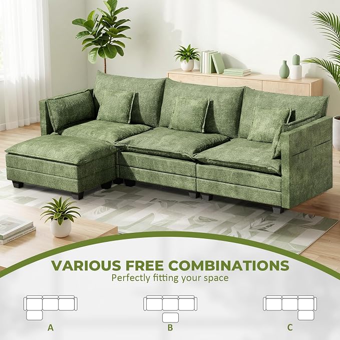 LEVELEVE 112.5" L-Shape Modular Sofa with 1 Ottomans, Deep Seat Cloud Convertible Sleeper, 3 Throw 2 Arm Pillows, Comfortable Upholstered Furniture for Living Room Apartment, Green