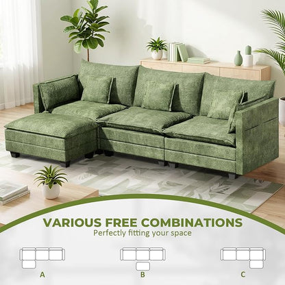 LEVELEVE 112.5" L-Shape Modular Sofa with 1 Ottomans, Deep Seat Cloud Convertible Sleeper, 3 Throw 2 Arm Pillows, Comfortable Upholstered Furniture for Living Room Apartment, Green