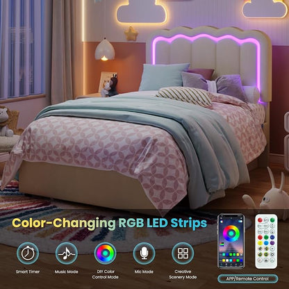 SHA CERLIN Upholstered Twin Size Bed Frame with LED Lights and Large Storage Drawer, Velvet Platform Bed with Adjustable Wavy Headboard, Noise Free, Easy Assembly, No Box Spring Needed, Soft Cream