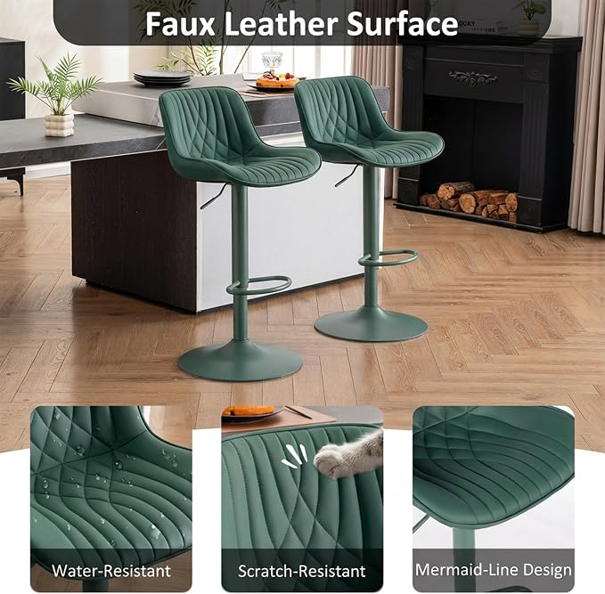 YOUTASTE Faux Leather Bar Stools Set of 2, All Dark Green Upholstered Counter Height Barstools with Back, Adjustable Swivel Stool Chair with Dark Green Metal Base for Home Kitchen Island