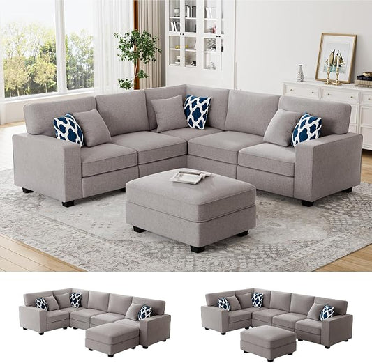 Legend Vansen Oversized Modular Sectional Sofa,U/L‑Shaped Reversible Couch with Ottoman,Deep Seat Plush Polyester Sofa for Living Room,6‑Seater,Light Grey