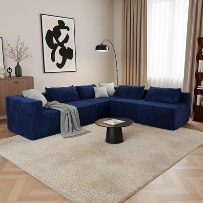 128" U-Shaped Modular Sofa, Modern Cloud Couch with Double Chaise, Sectional Boneless Couch with Pillows, Deep Seat Sofa for Living Room Bedroom, No Assembly Required, Blue