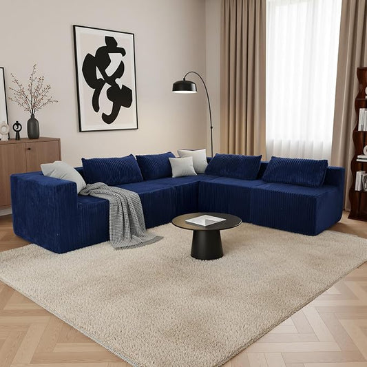 128" U-Shaped Modular Sofa, Modern Cloud Couch with Double Chaise, Sectional Boneless Couch with Pillows, Deep Seat Sofa for Living Room Bedroom, No Assembly Required, Blue