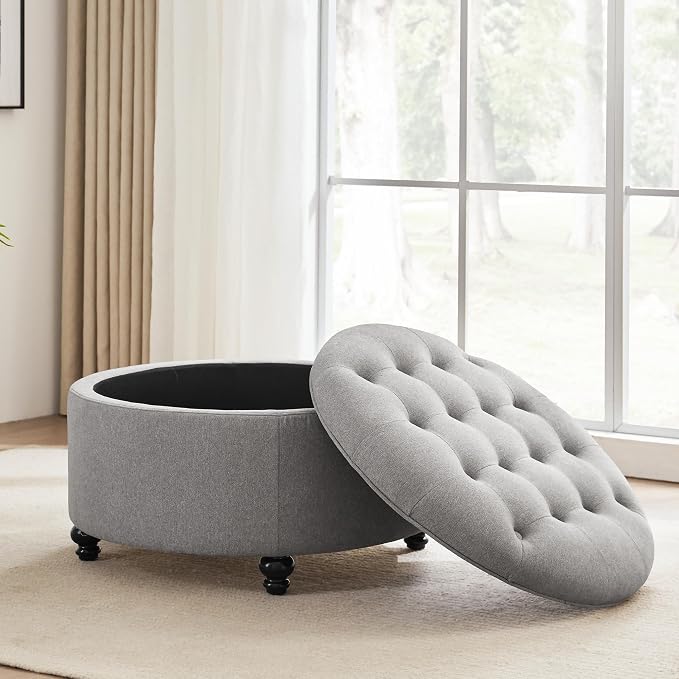 HUIMO 30-Inch Round Storage Ottoman, Modern Button Tufted Coffee Table with Removeable Top, Upholstered Ottoman with Storage Footrest Stool for Living Room, Bedroom and Office(Grey)