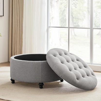 HUIMO 30-Inch Round Storage Ottoman, Modern Button Tufted Coffee Table with Removeable Top, Upholstered Ottoman with Storage Footrest Stool for Living Room, Bedroom and Office(Grey)