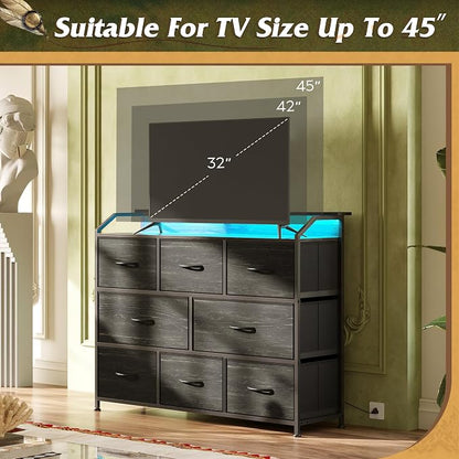 WLIVE Led Dresser for Bedroom, TV Stand for Bedroom with LED Lights and Power Outlet, Wide Chest of Drawers for Hallway, 8 Fabric Drawers for Living Room and Entryway, Charcoal Black Wood Grain Print