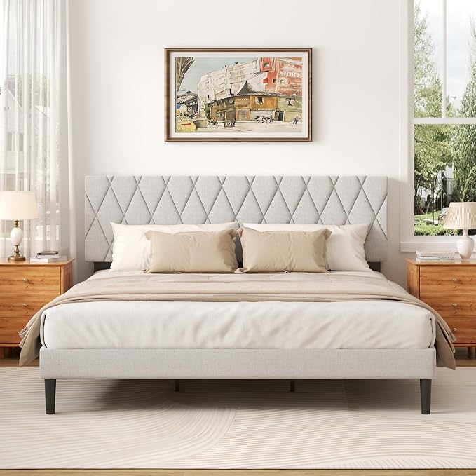 CXVX King Size Bed Frame with Diamond Tufted Headboard, Linen Upholstered Platform Bed and Wooden Slat Support, Noise-Free, No Box Spring Needed, Easy Assembly, Light Grey