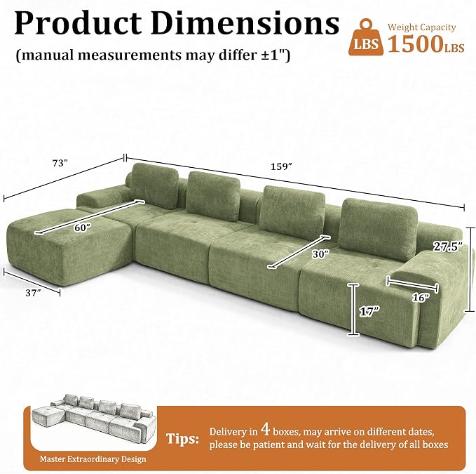 159" L Shaped Oversized Boneless Couch, Comfort Cloud Sectional Couches for Living Room, Modular Sofa High Back & Extra Deep Seat, No Assembly, Chenille(Olive Green, 159 inch-L Shaped（4+1）)
