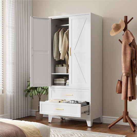 LCAOPC 71" Tall Metal Wardrobe Cabinet with 2 Drawers and Hanging Rod, 2 Doors Armoire Wardrobe Closet with Shelf for Bedroom, Office, Laundry Room, White
