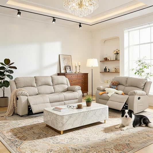 Reclining Couch Sofa Set Anti-Scratch Leather Recliner Couch Loveseat for Living Room, Bedroom, RV, Theater Seating(3 Seat Sofa+Loveseat,Beige)