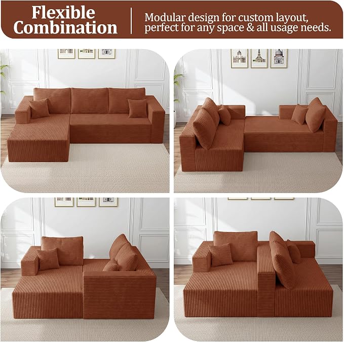 108" Modular Sectional Sofa, L-Shaped Cloud Couch with Deep Seats & Chaise,Convertible 4-in-1 Corduroy Boneless Couches for Living Room,Bedroom,No Need Assembly - Brown(Right Facing Chaise)