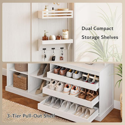 iPormis 70“ Large Hall Tree with Bench and Adjustable Shoe Storage, 6-in-1 Farmhouse Entryway Bench w/Coat Rack, Top Storage, Small Shelves for Entryway, Living Room, Led Lights, White
