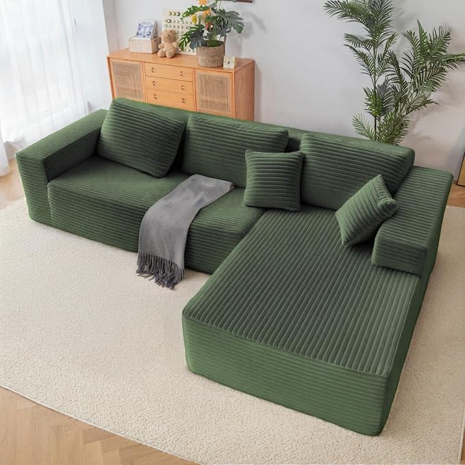 Claiks 110" Boneless Couch, Cloud Couch Sectional, L-Shape Corduroy Modular Sectional Sofa Deep Seat, Upholstered Couches for Living Room, No Assembly Required, Green, Right Facing Chaise