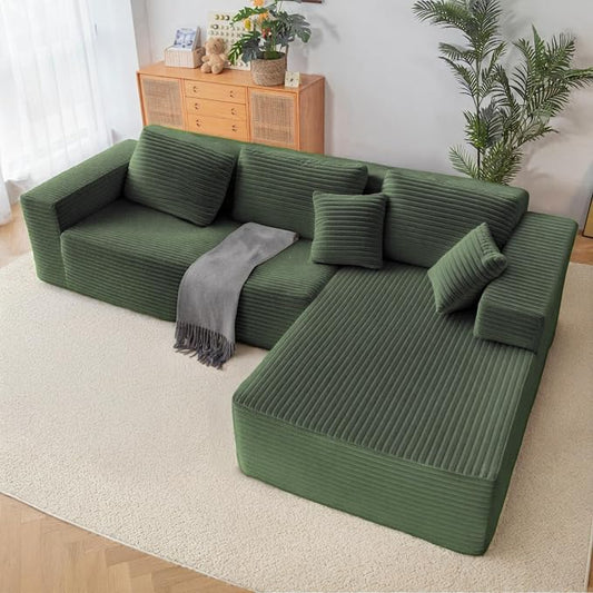 Claiks 110" Boneless Couch, Cloud Couch Sectional, L-Shape Corduroy Modular Sectional Sofa Deep Seat, Upholstered Couches for Living Room, No Assembly Required, Green, Right Facing Chaise