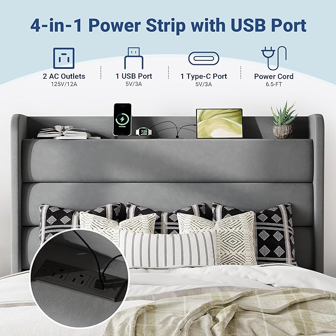 Allewie Queen Size Upholstered Bed Frame with Charging Station & Storage Headboard, Soft Velvet Wingback Platform Bed, Strong Wooden Slats Support, No Box Spring Needed, Easy Assembly, Light Grey