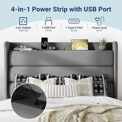Allewie Queen Size Upholstered Bed Frame with Charging Station & Storage Headboard, Soft Velvet Wingback Platform Bed, Strong Wooden Slats Support, No Box Spring Needed, Easy Assembly, Light Grey