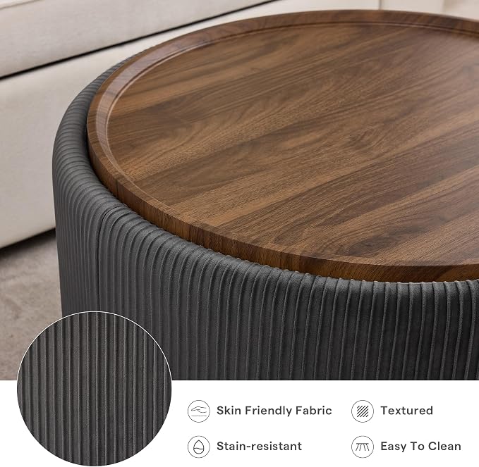 29.5 Inch Round Storage Ottoman Coffee Table,Modern Circle Coffee Table with Storage with Removable Lid Top and Solid Wood Legs,Large Round Ottoman for Bedroom,Living Room,Velvet,Grey