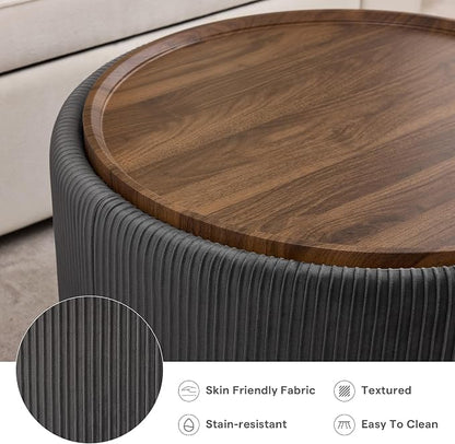29.5 Inch Round Storage Ottoman Coffee Table,Modern Circle Coffee Table with Storage with Removable Lid Top and Solid Wood Legs,Large Round Ottoman for Bedroom,Living Room,Velvet,Grey