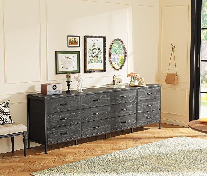 Huuger 70 Inch Dresser for Bedroom, TV Stand for 65, 75, 80 Inch TV,12 Fabric Drawer Long Dresser, Large Storage Organizer Unit, Chest of Drawer for Bedroom, Charcoal Black Wood Grain Print