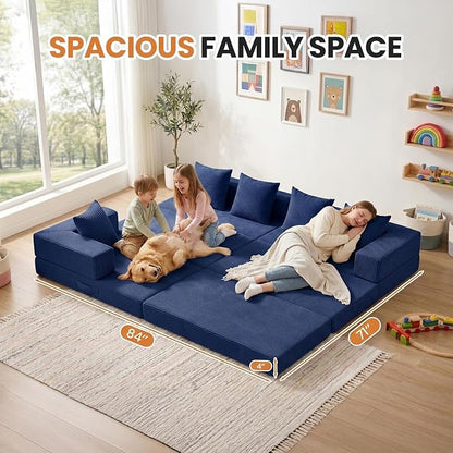 65" Modular Sectional Sofa, Boneless Convertible Sleeper Sofa Bed, Modern Tri-Folding Cloud Couch with L-Shape Chaise, Corduroy Futon Couches for Small Spaces Apartment,No Assembly,Blue