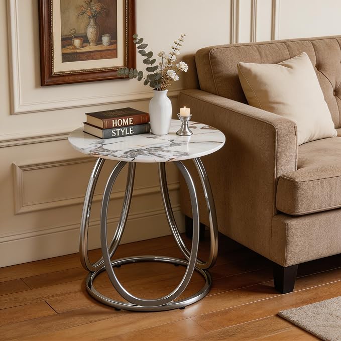 O&K FURNITURE Silver Side Table Living Room, Round End Table with Metal Frame, Modern Nightstand for Small Spaces, Bedroom, Home Office, 1PC