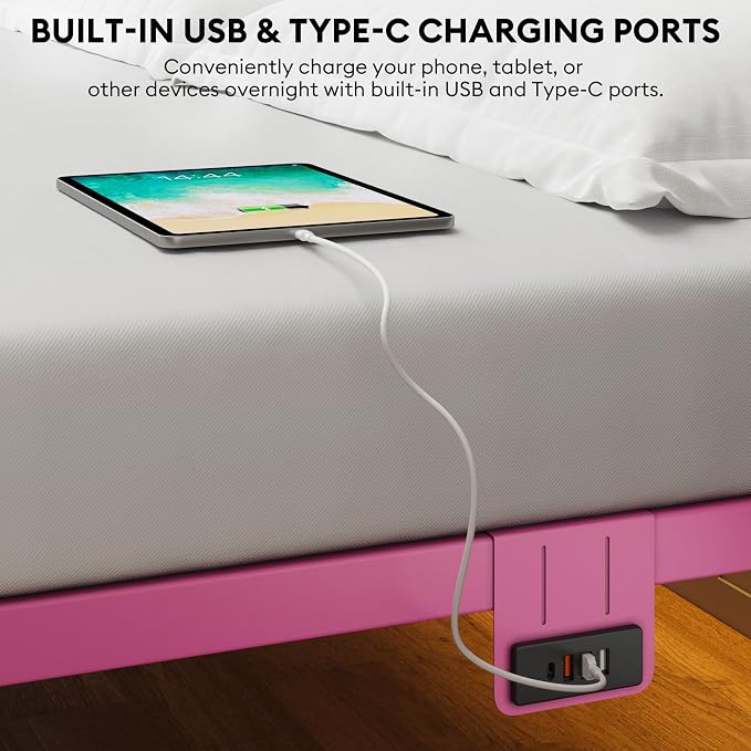Queen Size Bed Frame with Headboard - Metal Platform Bed with LED Lights, Charging Station, Under Bed Storage and Heavy Duty Steel Slats Support - No Box Spring Needed, Easy Assembly, Pink