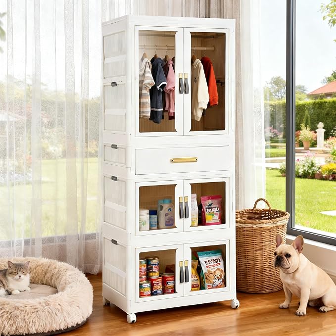 YHB Portable Storage Closet Cabinet, Easy Assembly Wardrobe Organizer with Visualization Doors, Drawers, Hanging Rods, Rolling Wheels for Pet Dog Clothes, Toys