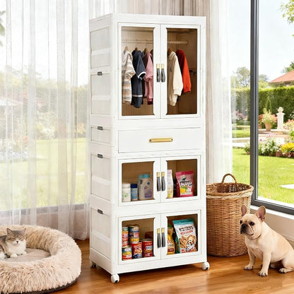 YHB Portable Storage Closet Cabinet, Easy Assembly Wardrobe Organizer with Visualization Doors, Drawers, Hanging Rods, Rolling Wheels for Pet Dog Clothes, Toys