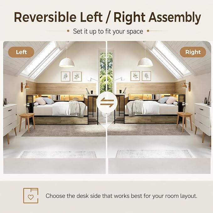 Bellemave Full Size Corner Bed Frame with Storage Bookcase & 2 Drawers, Modern Metal Full Daybed with LED Lights & Charging Station, Reversible Full Corner Bed with Desk for Space-Saving, Grey