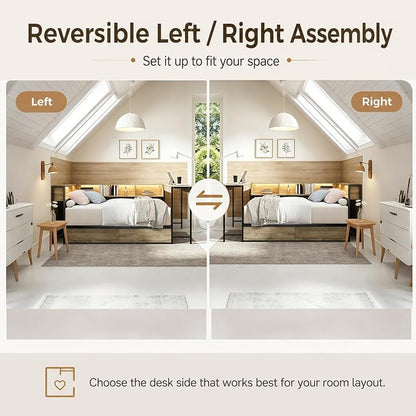 Bellemave Full Size Corner Bed Frame with Storage Bookcase & 2 Drawers, Modern Metal Full Daybed with LED Lights & Charging Station, Reversible Full Corner Bed with Desk for Space-Saving, Grey