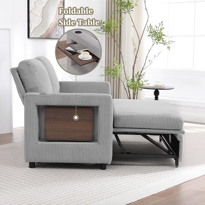 3 in 1 Folding Convertible Sleeper Sofa Bed, Pull Out Couch with Side Pockets USB Port Side Table Loveseat Sofa Bed with Adjustable Backrest for Living Room Bedroom 66" LIGHTGREY 2 SEAT