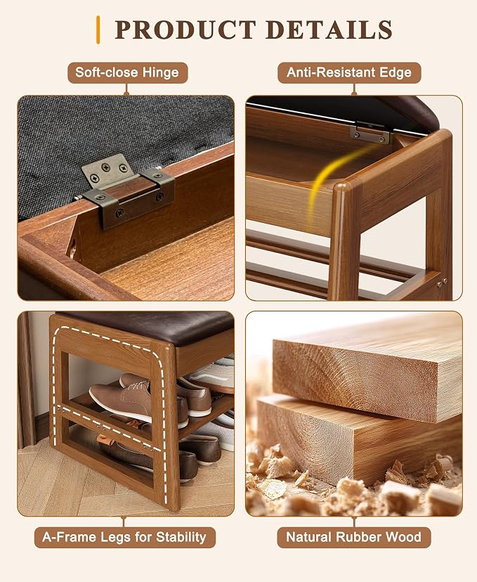 IUNVR Shoe Rack Bench with Hidden Storage, 2-TierSolid Rubberwood Entryway Bench with SoftLeather Cushioned Seat & Flip-Top Storage,330lbs Capacity, Wooden Shoe Organizer forHallway, Closet, Foyerm