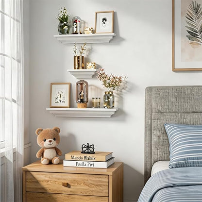 SRIWATANA White Floating Shelves, 24 Inch Solid Wood Storage Wall Shelves Set of 4 Display Ledge Shelves Decor for Bedroom, Living Room, Bathroom, Kitchen