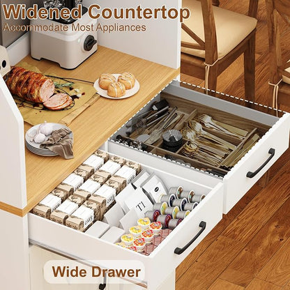 DreamDashio 73" Tall Pantry Cabinet with Charging Station & LED Light, Kitchen Pantry Storage Cabinet with Microwave Stand, Farmhouse Kitchen Hutch with 2 Storage Drawers and 6 Hooks for Dining Room