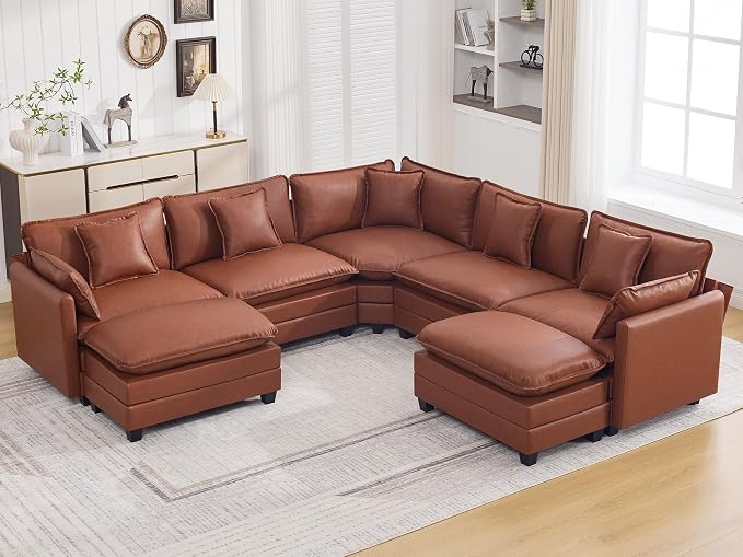 137'' V Shaped Cloud Sectional Sofa, Oversized Deep Seat Leather Couches for Living Room, Comfy Upholstered Modular Sectional Sofa Couch with 2 Movable Ottoman, Leather Brown